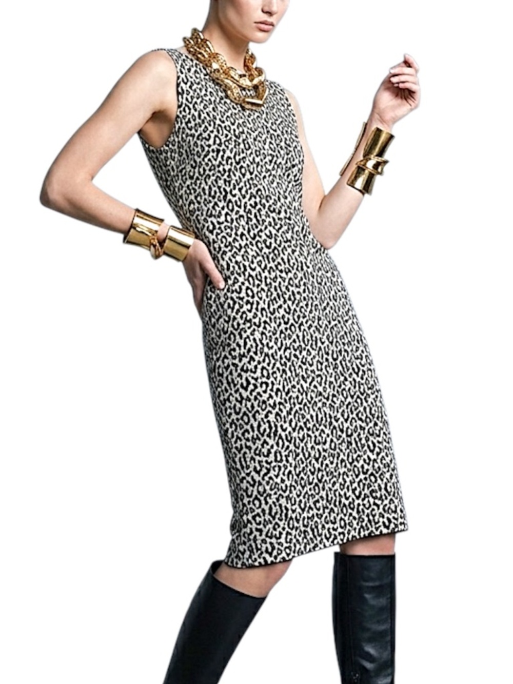 Mob Wife black white animal print stretch knit boat neck sleeveless dress